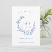  blauw bloemenkrans monogram foto save the date (Staand voorkant)