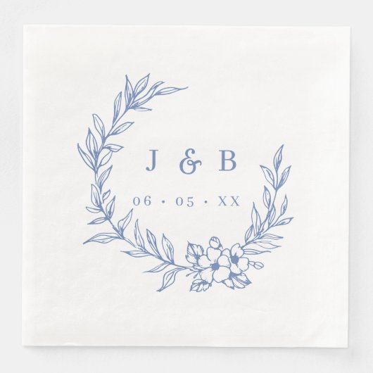  blauw bloemenkrans monogram servet (Voorkant)