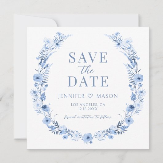 Blauw bloemenkrans Save the Date fotouitnodiging (Voorkant)