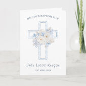 Blauw Bloemenkruis doop Kaart (Voorkant)