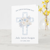 Blauw Bloemenkruis doop Kaart (Gele Bloem)