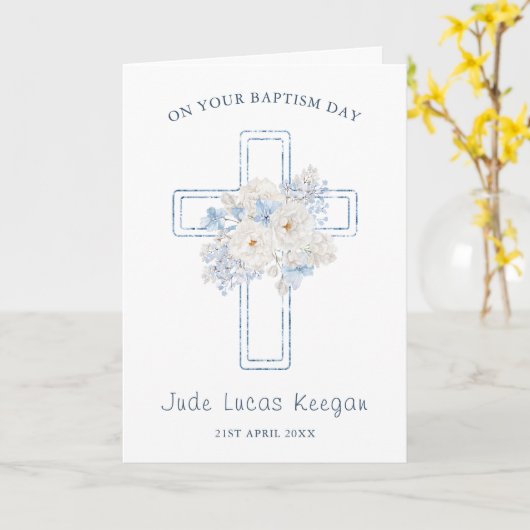 Blauw Bloemenkruis doop Kaart (Gele Bloem)