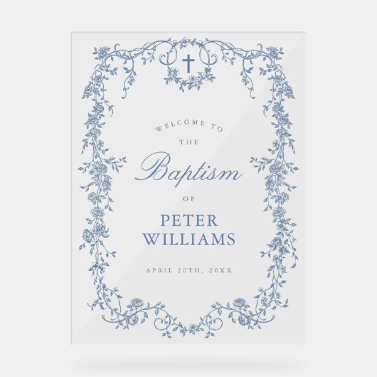 Blauw  Bloemenkruis Doop Welkom Acryl Bord (Voorkant)