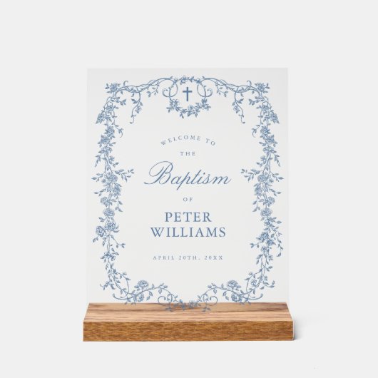 Blauw Bloemenkruis Doop Welkom Acryl Bord (Voorkant)