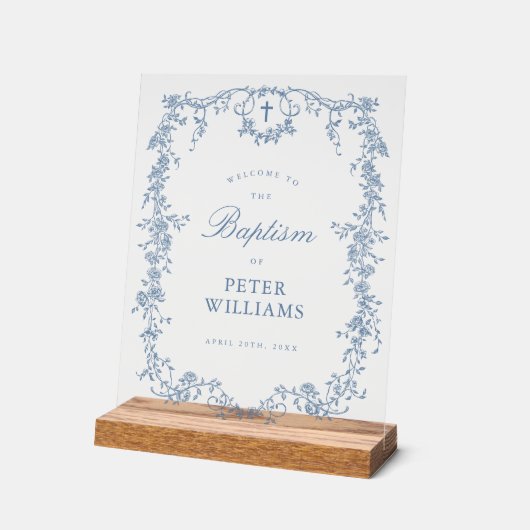 Blauw Bloemenkruis Doop Welkom Acryl Bord (Hoek)