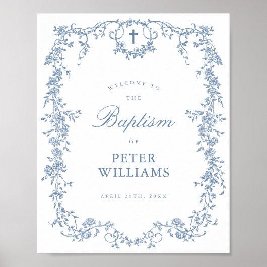 Blauw  Bloemenkruis Doop Welkom Poster (Voorkant)