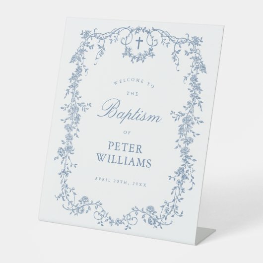 Blauw Bloemenkruis Doop Welkom Reclamebord Met Voetstuk (Voorkant)