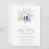 Blauw Bloemenkruis Eerste Communie Kaart (Voorkant)