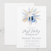 Blauw Bloemenkruis Eerste Communie Kaart (Voorkant / Achterkant)