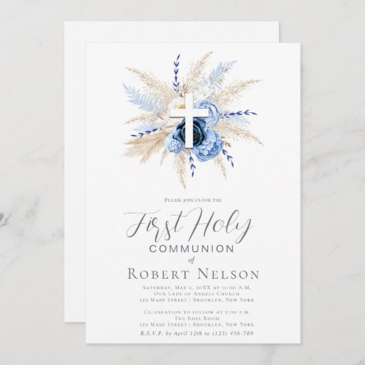 Blauw Bloemenkruis Eerste Communie Kaart (Voorkant / Achterkant)