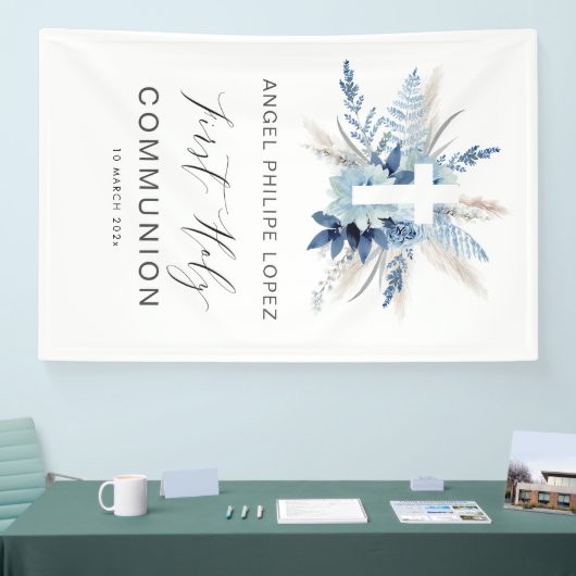 Blauw Bloemenkruis Eerste Communie Spandoek (Beurs)