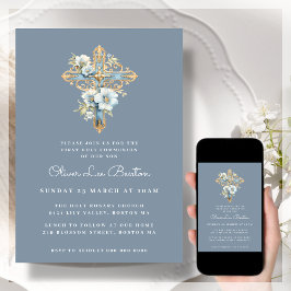 Blauw Bloemenkruis | Eerste Heilige Communie Kaart