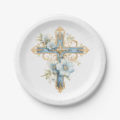 Blauw Bloemenkruis Eerste Heilige Communie Papieren Bordje (Voorkant)