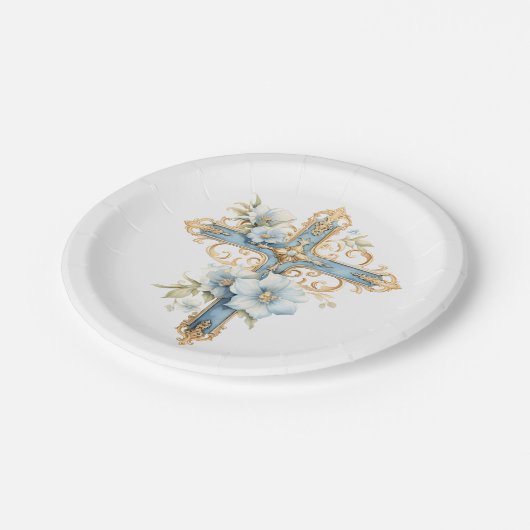 Blauw Bloemenkruis Eerste Heilige Communie Papieren Bordje (Gekanteld)