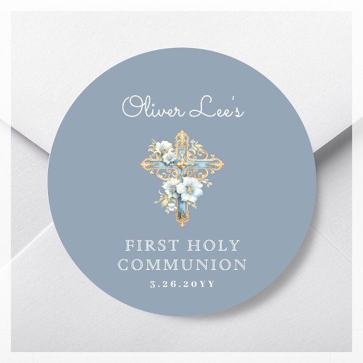 Blauw Bloemenkruis Eerste Heilige Communie Ronde Sticker