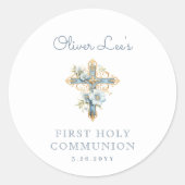 Blauw Bloemenkruis Eerste Heilige Communie Ronde Sticker (Voorkant)