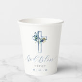Blauw Bloemenkruis God zegene doop Papieren Bekers (Voorkant)