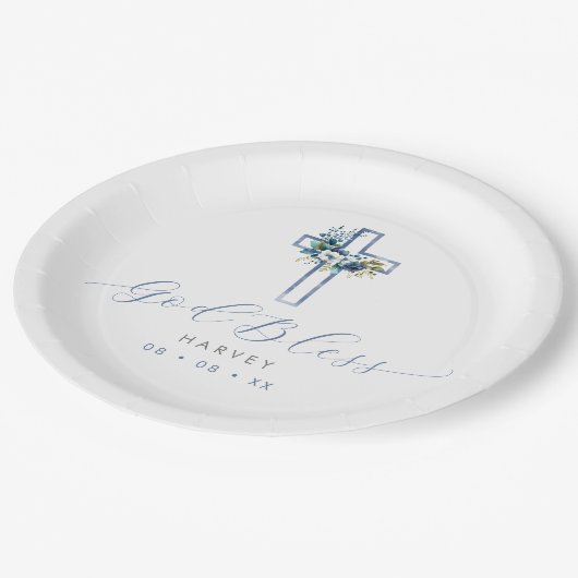 Blauw Bloemenkruis God zegene doop Papieren Bordje (Gekanteld)