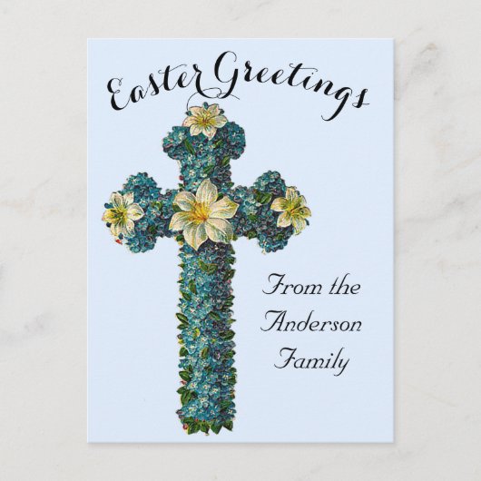 Blauw Bloemenkruis Paasreligieus Briefkaart (Voorkant)