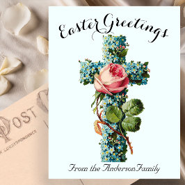Blauw Bloemenkruis Paasreligieus Briefkaart