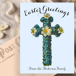 Blauw Bloemenkruis Paasreligieus Briefkaart