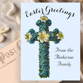 Blauw Bloemenkruis Paasreligieus Briefkaart