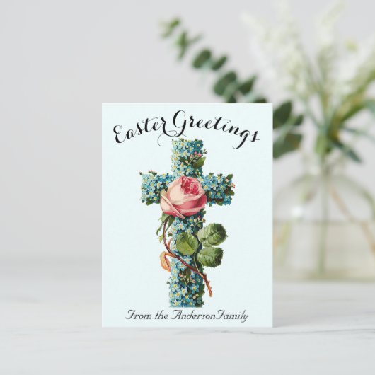 Blauw Bloemenkruis  Paasreligieus Briefkaart (Staand voorkant)