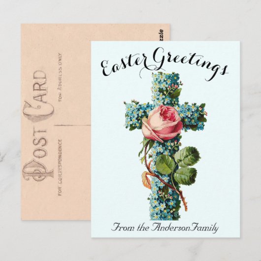 Blauw Bloemenkruis  Paasreligieus Briefkaart (Voorkant / Achterkant)