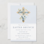 Blauw Bloemenkruis Religieuze Paasbrunch Kaart (Voorkant)