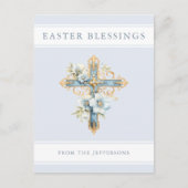 Blauw Bloemenkruis Religieuze Pasen Zegeningen Briefkaart (Voorkant)