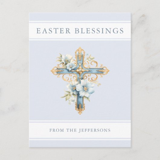 Blauw Bloemenkruis Religieuze Pasen Zegeningen Briefkaart (Voorkant)