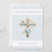 Blauw Bloemenkruis Religieuze Pasen Zegeningen Feestdagenkaart (Voorkant)