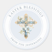 Blauw Bloemenkruis Religieuze Pasen Zegeningen Ronde Sticker (Voorkant)