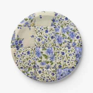 blauw bloemenlapwerkdekbed papieren bordje