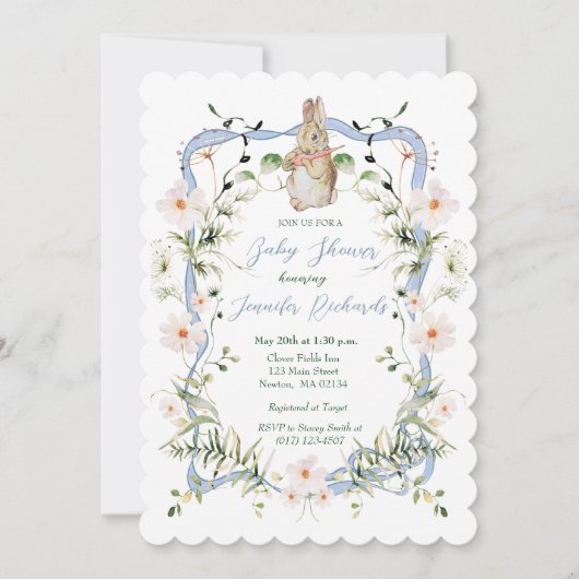 Blauw Bloemenlint Baby Bunny Baby shower Kaart (Voorkant)