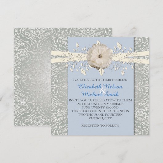 Blauw Bloemenlint Zilver Damast Bruiloft Uitnodige Kaart (Voorkant / Achterkant)