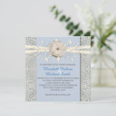 Blauw Bloemenlint Zilver Damast Bruiloft Uitnodige Kaart (Staand voorkant)
