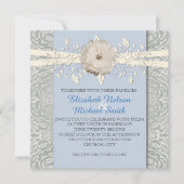 Blauw Bloemenlint Zilver Damast Bruiloft Uitnodige Kaart (Voorkant)