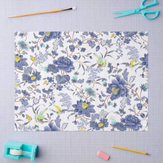 Blauw bloemenpapier Geel vogelvlees Tissuepapier (Craft)