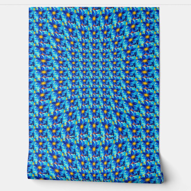  blauw bloemenpatroon behang (Afrollen)