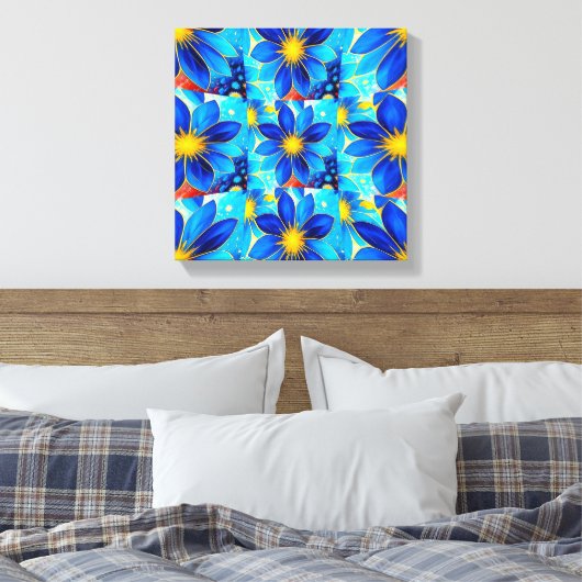 blauw bloemenpatroon canvas afdruk (Insitu (Slaapkamer))