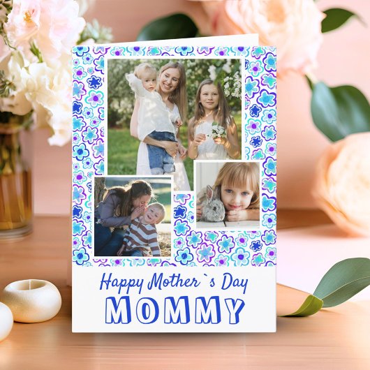 Blauw bloemenpatroon Gelukkige Moederdag 3 Foto Kaart