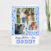 Blauw bloemenpatroon Gelukkige Moederdag 3 Foto Kaart (Voorkant)