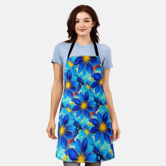  blauw bloemenpatroon schort (Gedragen)