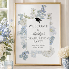 Blauw bloemenpatroon Welkomstbord voor eindexamenf Poster