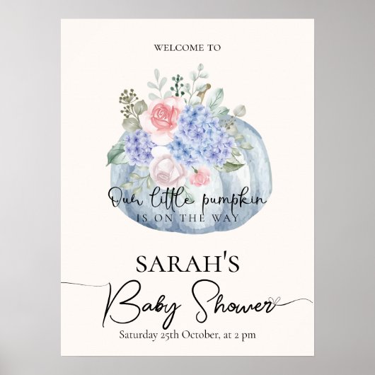 Blauw Bloemenpompoen Herfst Baby shower Welkomstbo Poster (Voorkant)