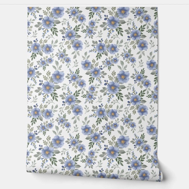 Blauw bloemenprint patroon behang (Afrollen)