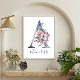 Blauw Bloemenschilderij Monogram A Naam Poster