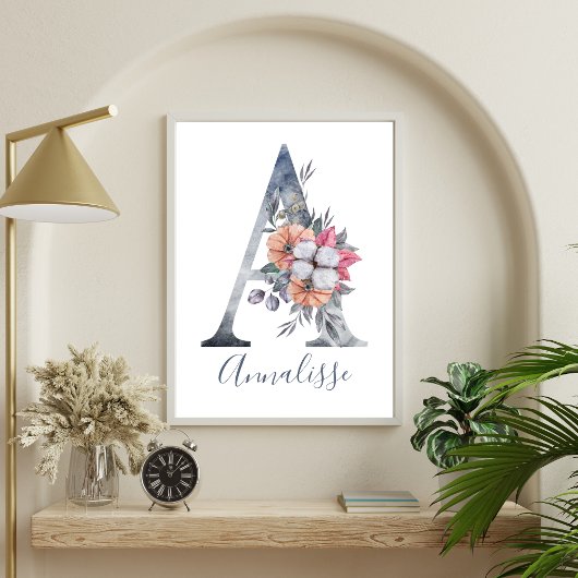 Blauw Bloemenschilderij Monogram A Naam Poster