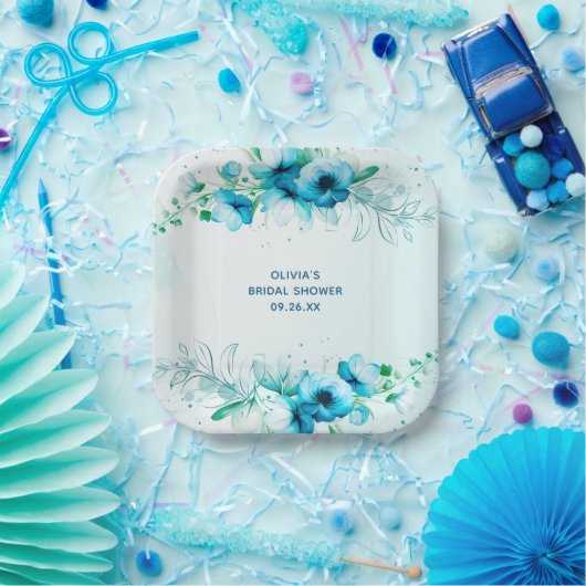 Blauw Bloemenschilderwerk Persoonlijke Bruidsdouch Papieren Bordje (Feest)